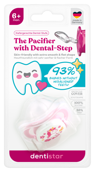 Dentistar ortodontický dudlík 6+ měsíců, růžový s jednorožcem, 1 ks