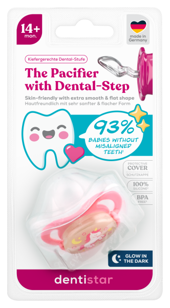 Dentistar noční ortodontický dudlík 14+ měsíců, růžový s jednorožcem, 1 ks