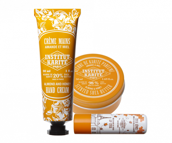 Institut Karite dárková sada mandle a med - 98% bambucké máslo, krém na ruce 30 ml a balzám na rty