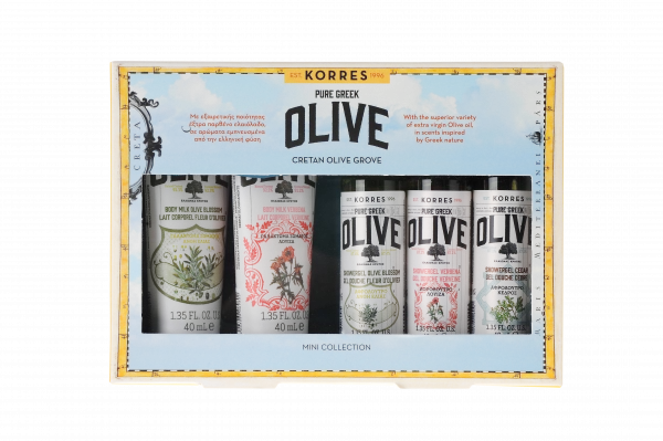 KORRES dárková sada péče o tělo PURE GREEK OLIVE - 5  mini tělových sprchových gelů a mlék, 40 ml