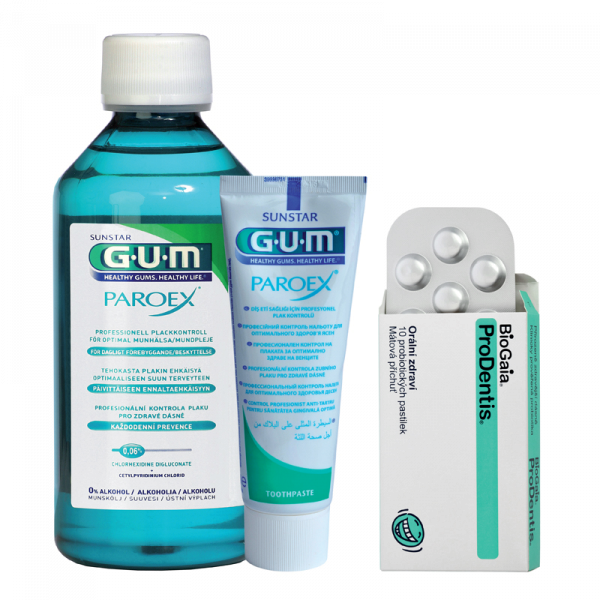 GUM Paroex 0,06% CHX sada pro zdravé dásně + ZDARMA BioGaia ProDentis, 10 tablet 