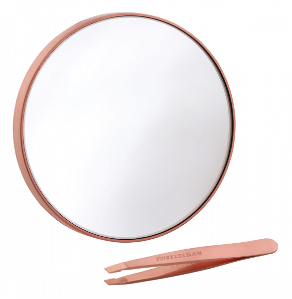 Tweezerman Rose Gold sada - pinzeta Slant mini a zvětšovací zrcátko 10x
