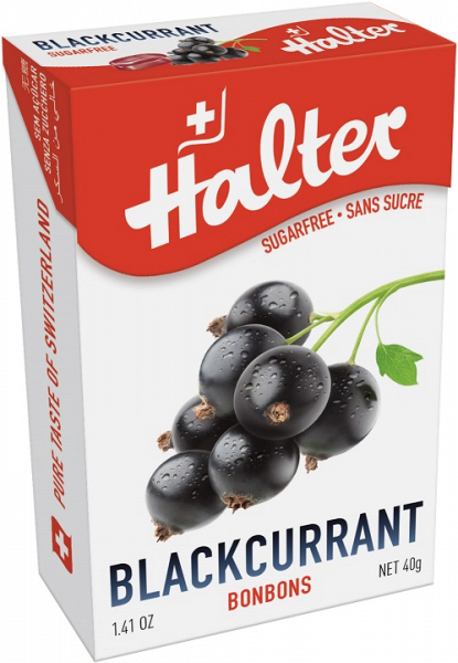 Halter Černý rybíz (Blackcurrant), bonbóny bez cukru, 40g