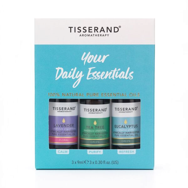 Tisserand aromaterapeutická sada nezbytných olejů: levandule, tea tree, eucalyptus, 3x 9 ml