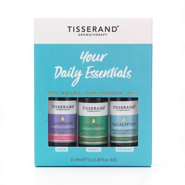 Tisserand aromaterapeutická sada nezbytných olejů: levandule, tea tree, eucalyptus, 3x 9 ml