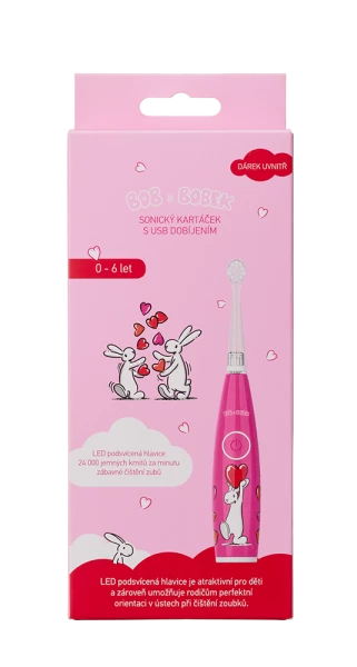 Bob a Bobek baby dětský sonický kartáček se srdíčky a USB dobíjením, 0-6 let, v krabičce