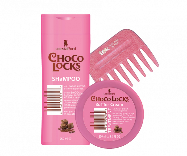 Lee Stafford Choco Locks dárková sada - maska na vlasy 200 ml, šampon 250 ml a hřeben Tek AFRO COMB