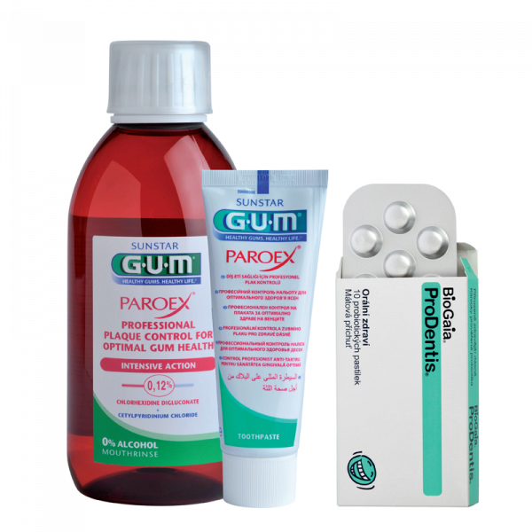 GUM Paroex 0,12% CHX sada pro zdravé dásně + ZDARMA BioGaia ProDentis, 10 tablet