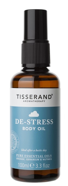 Tisserand De-Stress luxusní povzbuzující tělový a masážní olej s pomerančem a geraniem, 100 ml