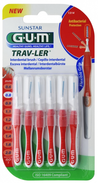 GUM TRAV-LER mezizubní kartáček s chlorhexidinem, cylindrický, ISO 1, 0,8 mm, 6 ks