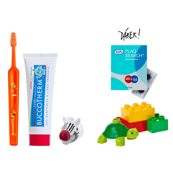 Sada zubní péče pro holky do školky+ 2 DÁRKY: Lego Duplo a tablety na indikaci plaku
