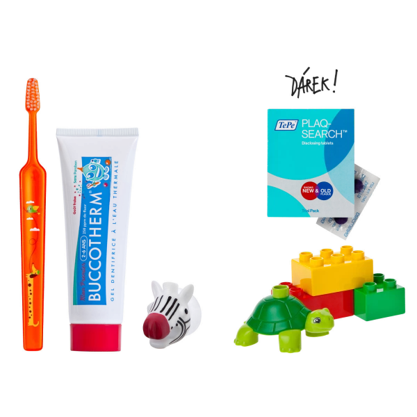  Sada zubní péče pro holky do školky+ 2 DÁRKY: Lego Duplo a tablety na indikaci plaku 
