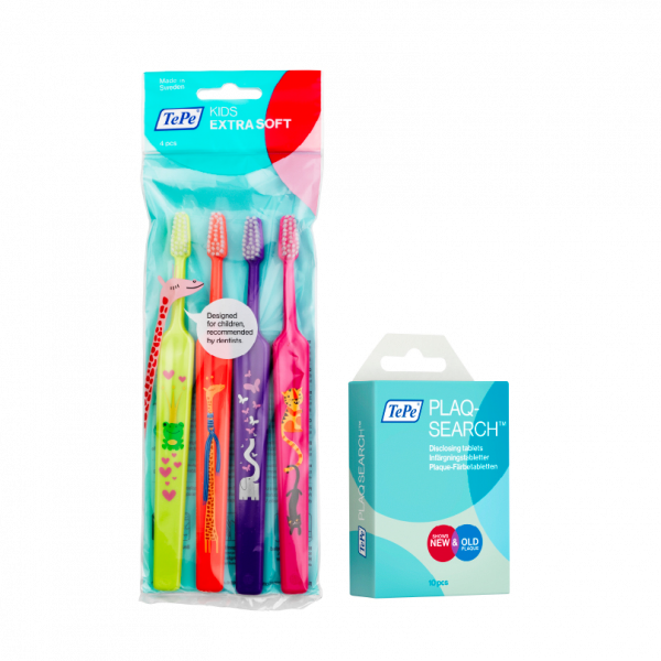 TePe Kids x-soft, 3+1 zdarma + TePe PlaqSearch tablety, 10 ks