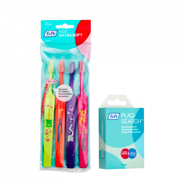 TePe Kids x-soft, 3+1 zdarma + TePe PlaqSearch tablety, 10 ks
