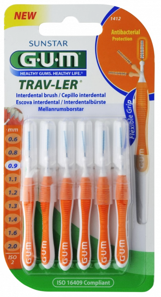 GUM TRAV-LER mezizubní kartáček s chlorhexidinem, cylindrický, ISO 2, 0,9 mm, 6 ks