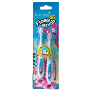 Brush-baby Flamingo FlossBrush™, dětský zubní kartáček s plameňáky, 2 ks, 3-6 let