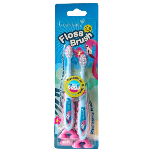 Brush-baby Flamingo FlossBrush™, dětský zubní kartáček s plameňáky, 2 ks, 3-6 let