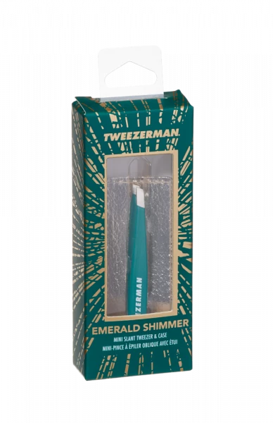Tweezerman Mini SLANT pinzeta ve smaragdově zelené se zlatým pouzdrem
