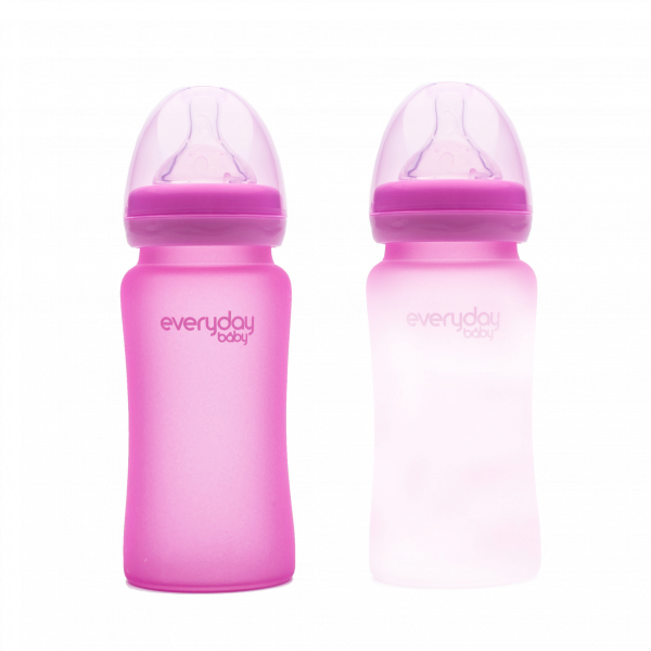 Everyday Baby skleněná láhev s termo senzorem, 240 ml, růžová