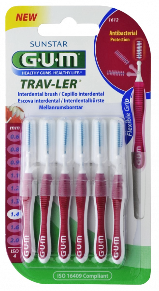 GUM TRAV-LER mezizubní kartáček s chlorhexidinem, cylindrický, ISO 4, 1,4 mm, 6 ks