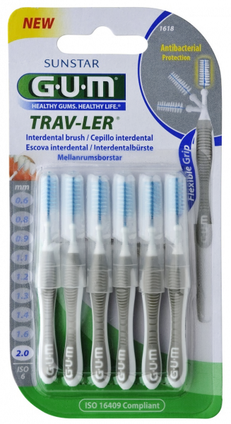 GUM TRAV-LER mezizubní kartáček s chlorhexidinem, cylindrický, ISO 6, 2,0 mm, 6 ks