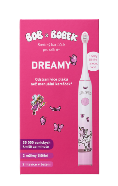 Sonický zubní kartáček BOB a BOBEK DREAMY pro děti 6+, 35 000 kmitů/min, 2 kartáčkové hlavice v balení