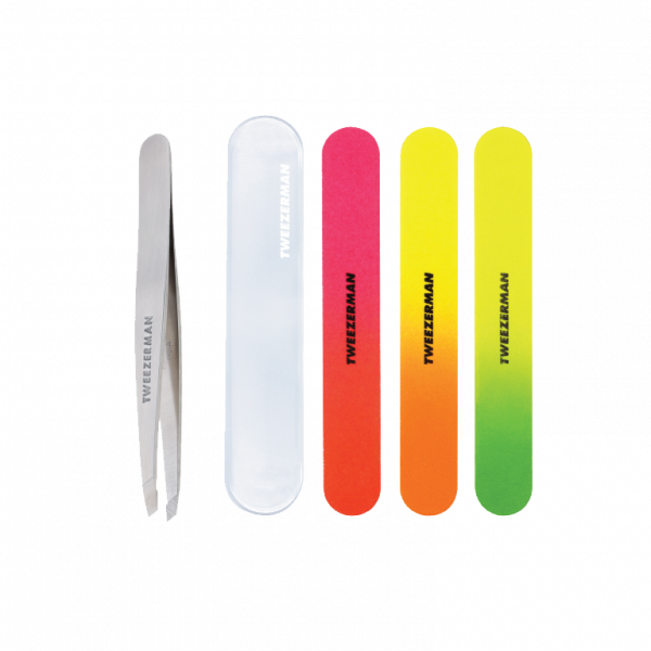 Tweezerman Slant Tweezer ocelová pinzeta + Tweezerman neonové pilníky na nehty s pouzdrem, 3 ks