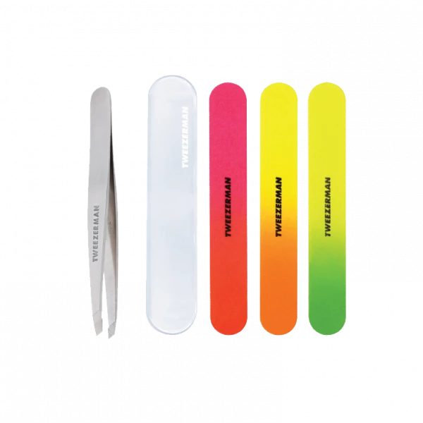 Tweezerman Slant Tweezer ocelová pinzeta + Tweezerman neonové pilníky na nehty s pouzdrem, 3 ks