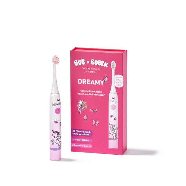 Sonický zubní kartáček BOB a BOBEK DREAMY pro děti 6+, 35 000 kmitů/min, 2 kartáčkové hlavice v balení