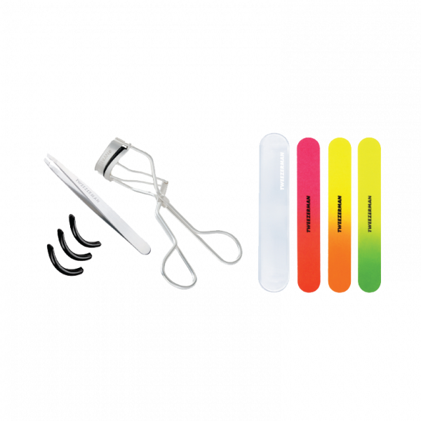 Tweezerman Platinum Silver sada (kleštičky na řasy a pinzeta platinum) + Tweezerman neonové pilníky na nehty s pouzdrem, 3 ks