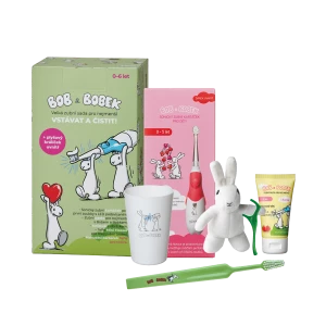 Bob a Bobek dárková sada - Velká zubní sada pro nejmenší s červeným sonickým kartáčkem