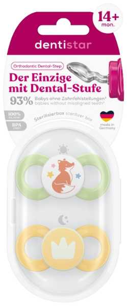 Dentistar ortodontické dudlíky od 14 měsíců věku, žluto-zelené