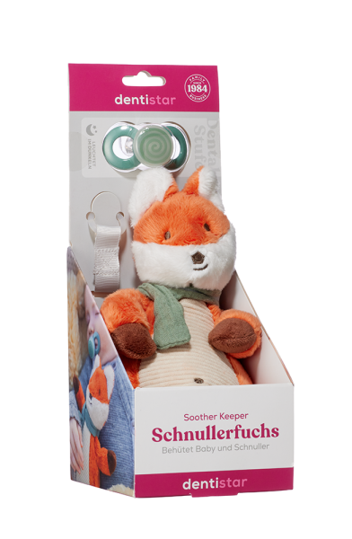 Plyšák Liška s ortodontickým dudlíkem Dentistar, +6 měsíců