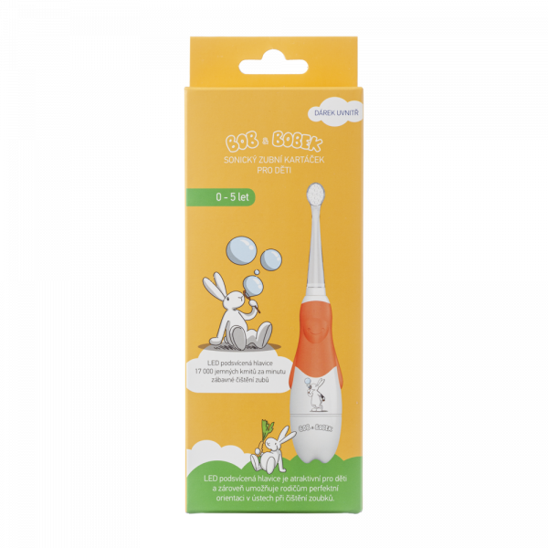 Bob a Bobek baby sonický dětský kartáček oranžový s bublifukem, 0-5 let, v krabičce