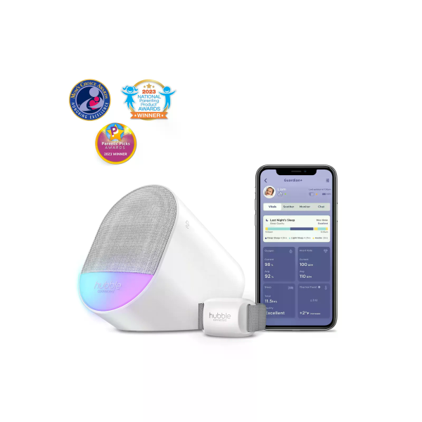 Hubble Guardian+ chytrý nositelný monitor spánku a pohody dítěte se základnou, nočním světlem a audio monitorem